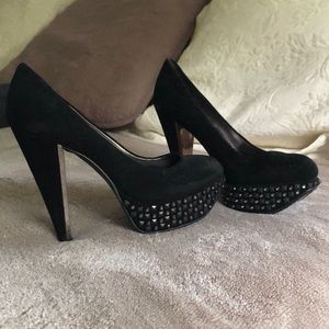 Black suede Sam Edelman stack heels with jewels